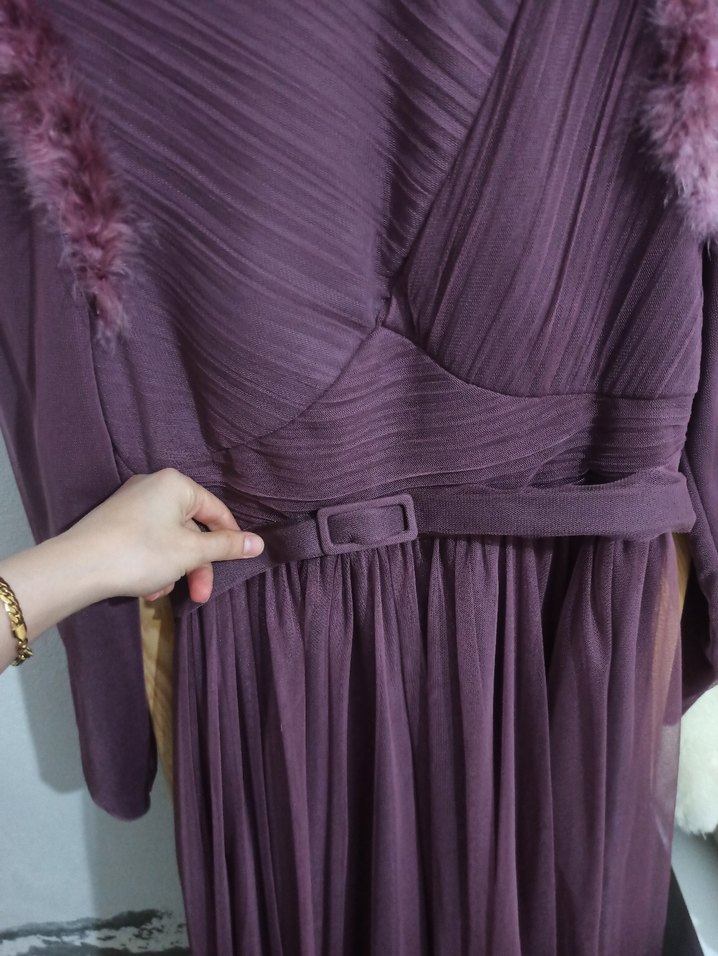 Bordo Uzun Kollu Drapeli Abiye Elbise - Görsel 3