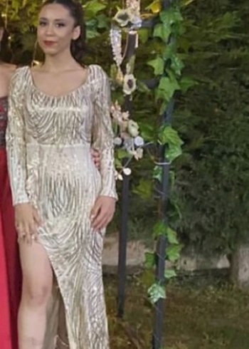 Bej Drapeli V Yaka Uzun Abiye Elbise