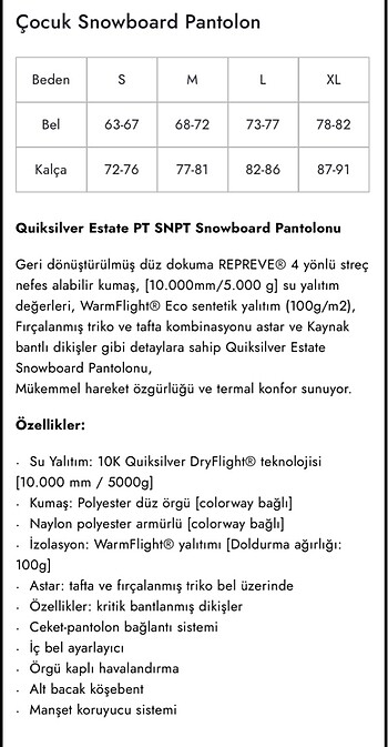 12-13 Yaş Beden siyah Renk 10k quiksilver kayak snowboard pantolon ve goggle