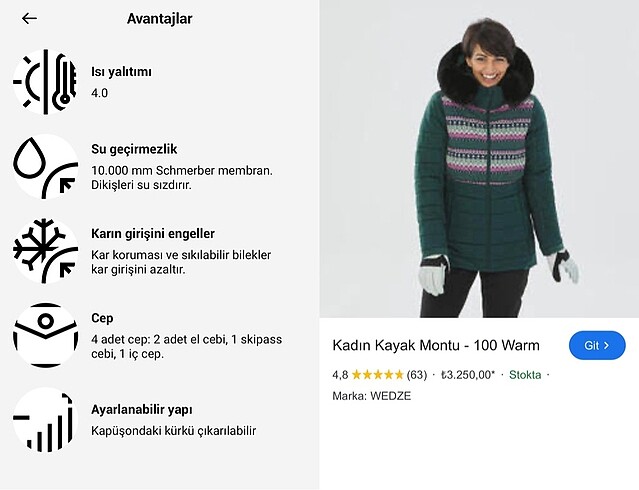s Beden yeşil Renk Wedze 10K kayak snowboard mont
