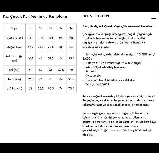 12-13 Yaş Beden pembe Renk 10K Roxy Kayak snowboard pantolon