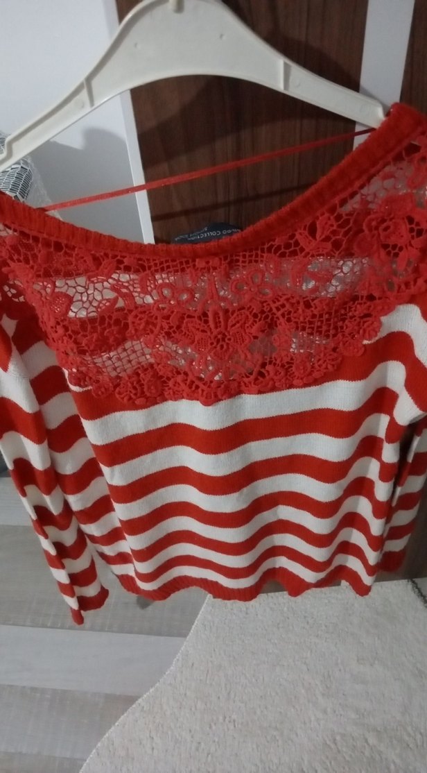 Kadın Kırmızı Çizgili Triko Uzun Kollu Kazak - Görsel 2