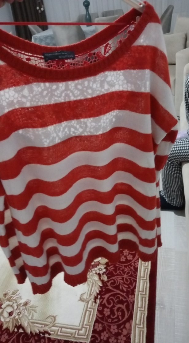 Kadın Kırmızı Çizgili Triko Uzun Kollu Kazak - Görsel 4