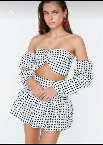 xs Beden Puantiye Desenli Straplez Mini Crop Top etek