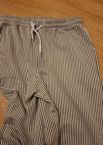 Bej Çizgili Keten Kadın Pantolon - Görsel 3