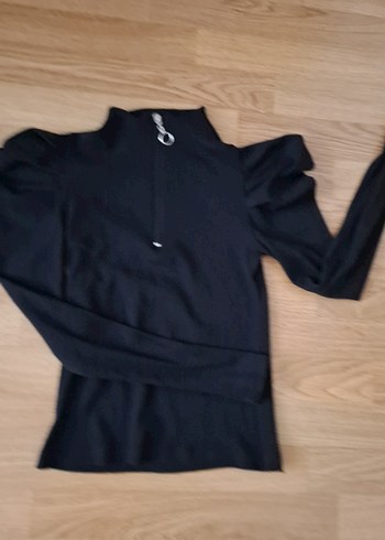 Fermuarlı Siyah Yüksek Yaka Kadın bluz prenses kol - Görsel 2