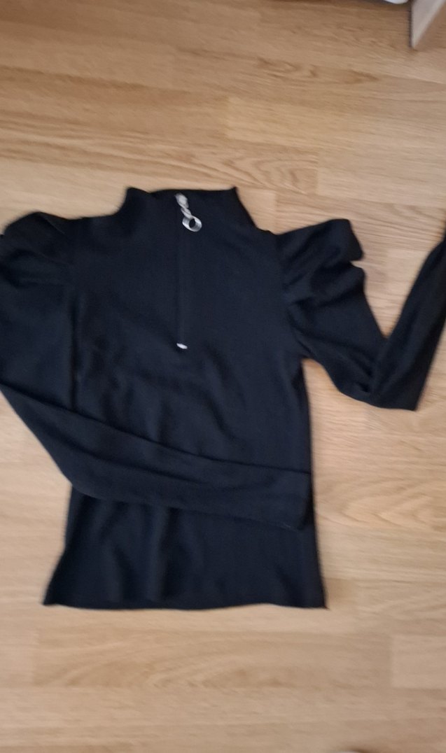 Fermuarlı Siyah Yüksek Yaka Kadın bluz prenses kol - Görsel 2