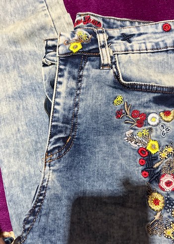 Nakışlı Renkli Midi Kot Pantolon - Görsel 3