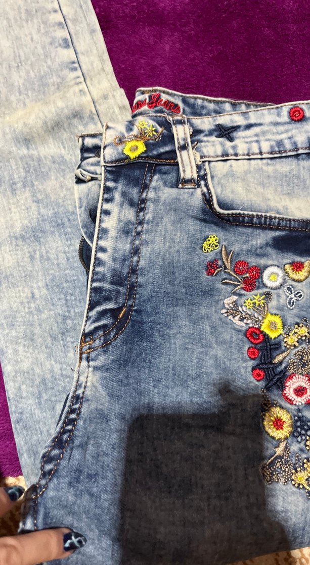 Nakışlı Renkli Midi Kot Pantolon - Görsel 3