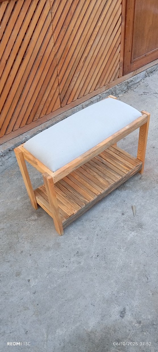 Bej Minderli Ahşap puf - Görsel 4