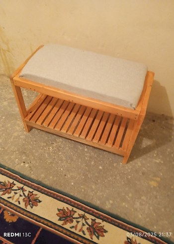 Beden Bej Minderli Ahşap Ayakkabılık ve Oturak