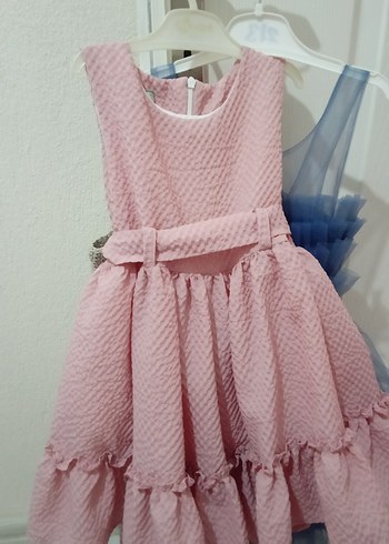 Pembe Kemerli Eteği Fırfırlı Kız Çocuk Elbisesi