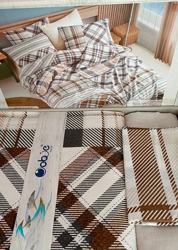 Beyaz ve Gri Ekose Desenli Çift Pike Takımı - Görsel 4