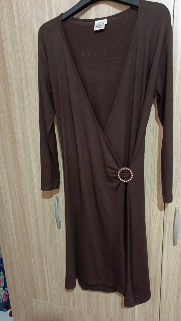 Kahverengi V Yaka Kemerli Uzun Elbise - Görsel 4