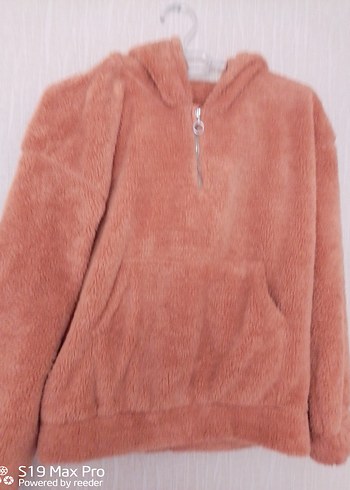 Kapüşonlu Bej Peluş Kadın Sweatshirt