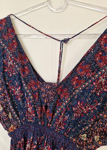 Bohem Uzun V Yaka Çiçek Desenli Elbise - Görsel 4