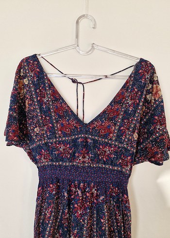 Bohem Uzun V Yaka Çiçek Desenli Elbise - Görsel 3