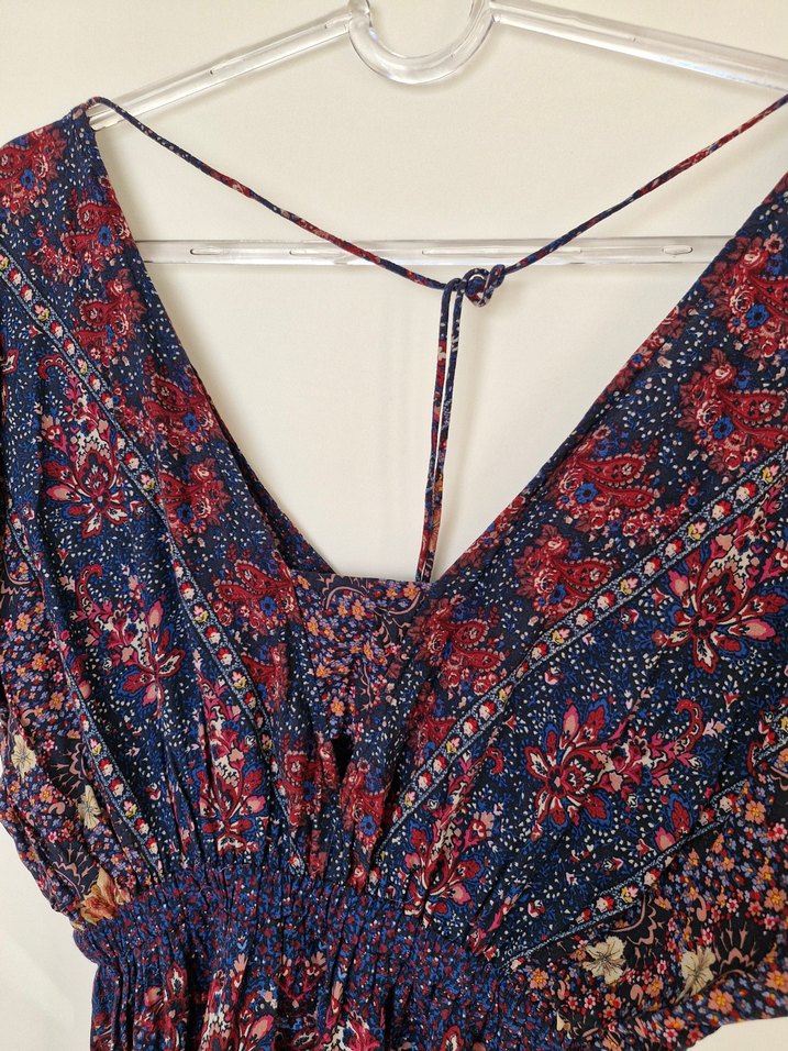 Bohem Uzun V Yaka Çiçek Desenli Elbise - Görsel 4