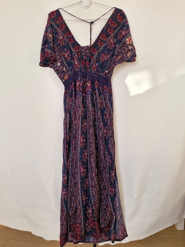 Bohem Uzun V Yaka Çiçek Desenli Elbise - Görsel 2