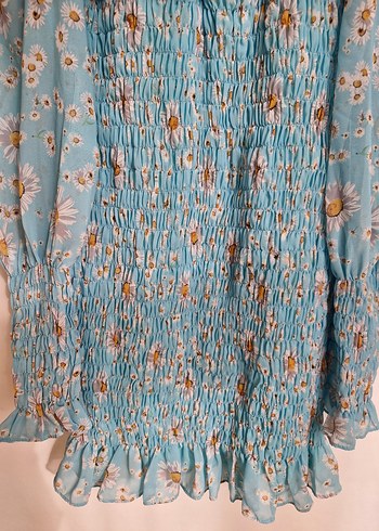 Mavi Bohem Mini Elbise, Uzun Kollu, Fırfırlı - Görsel 8