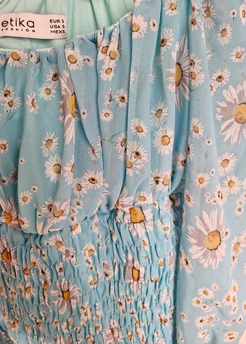 Mavi Bohem Mini Elbise, Uzun Kollu, Fırfırlı - Görsel 6