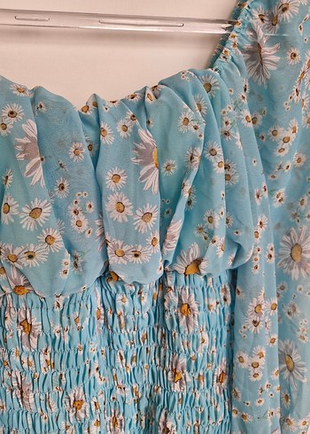 Mavi Bohem Mini Elbise, Uzun Kollu, Fırfırlı - Görsel 4
