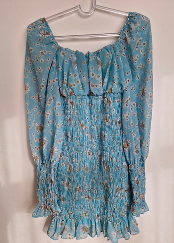 Mavi Bohem Mini Elbise, Uzun Kollu, Fırfırlı - Görsel 3