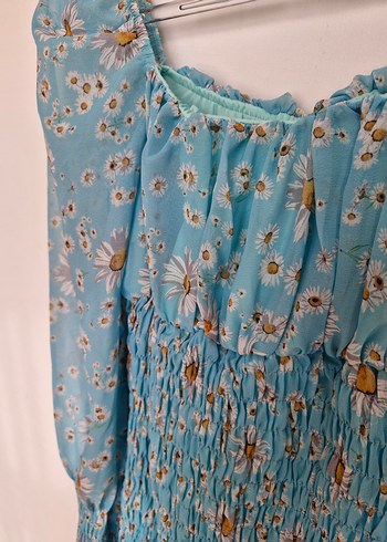 Mavi Bohem Mini Elbise, Uzun Kollu, Fırfırlı - Görsel 7