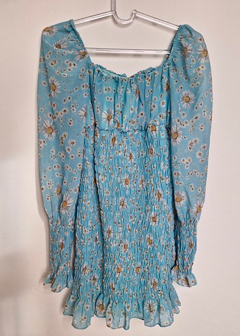 Mavi Bohem Mini Elbise, Uzun Kollu, Fırfırlı - Görsel 2