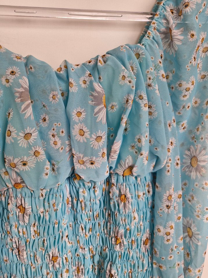 Mavi Bohem Mini Elbise, Uzun Kollu, Fırfırlı - Görsel 4