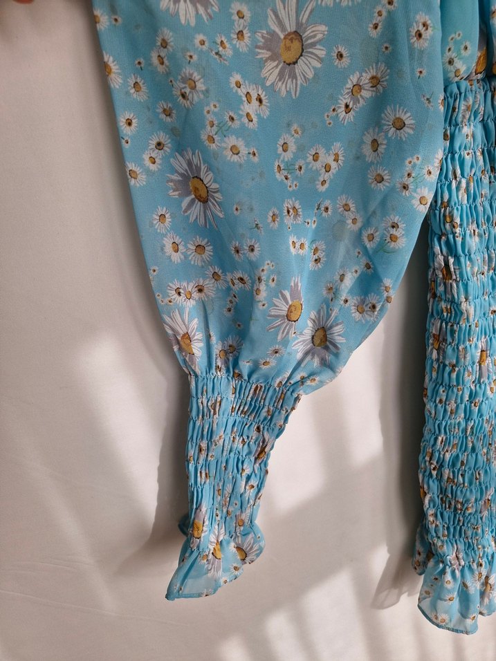 Mavi Bohem Mini Elbise, Uzun Kollu, Fırfırlı - Görsel 5