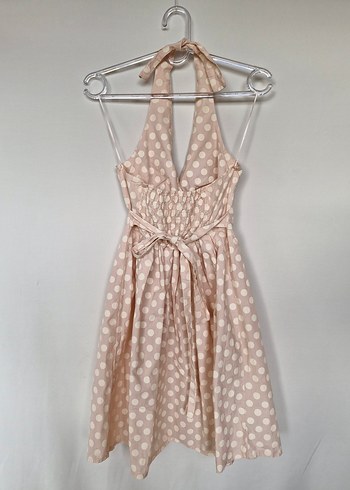 Bej Puantiyeli Vintage Midi Elbise - Görsel 4