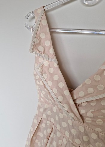 Bej Puantiyeli Vintage Midi Elbise - Görsel 5