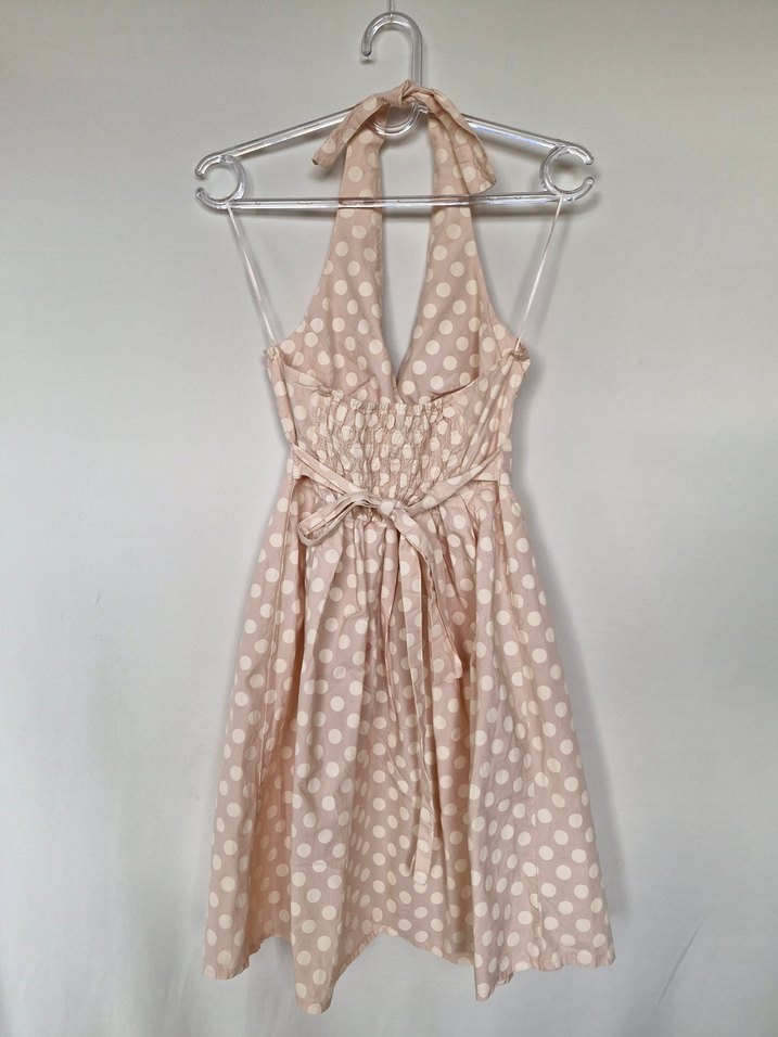 Bej Puantiyeli Vintage Midi Elbise - Görsel 4