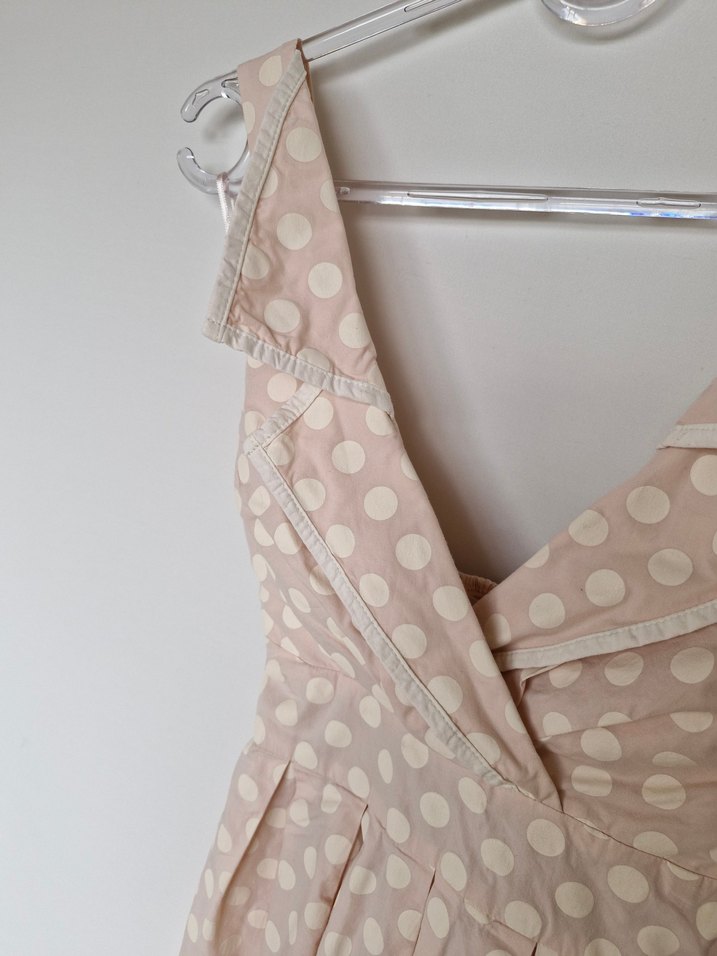 Bej Puantiyeli Vintage Midi Elbise - Görsel 5