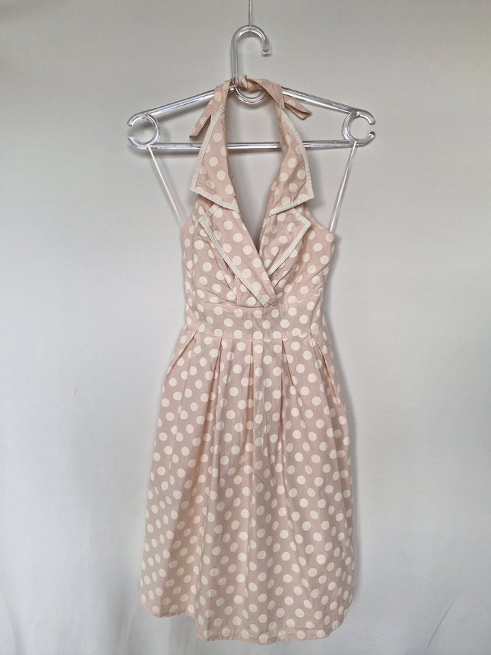 Bej Puantiyeli Vintage Midi Elbise - Görsel 3