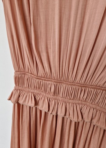 Pembe Drapeli Midi Saten Bohem Elbise - Görsel 5