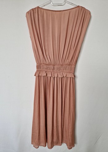 Pembe Drapeli Midi Saten Bohem Elbise - Görsel 2