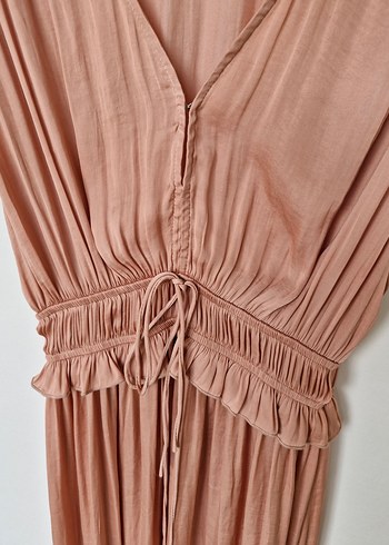 Pembe Drapeli Midi Saten Bohem Elbise - Görsel 6