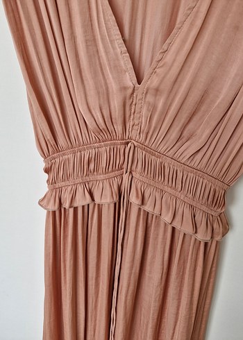 Pembe Drapeli Midi Saten Bohem Elbise - Görsel 4