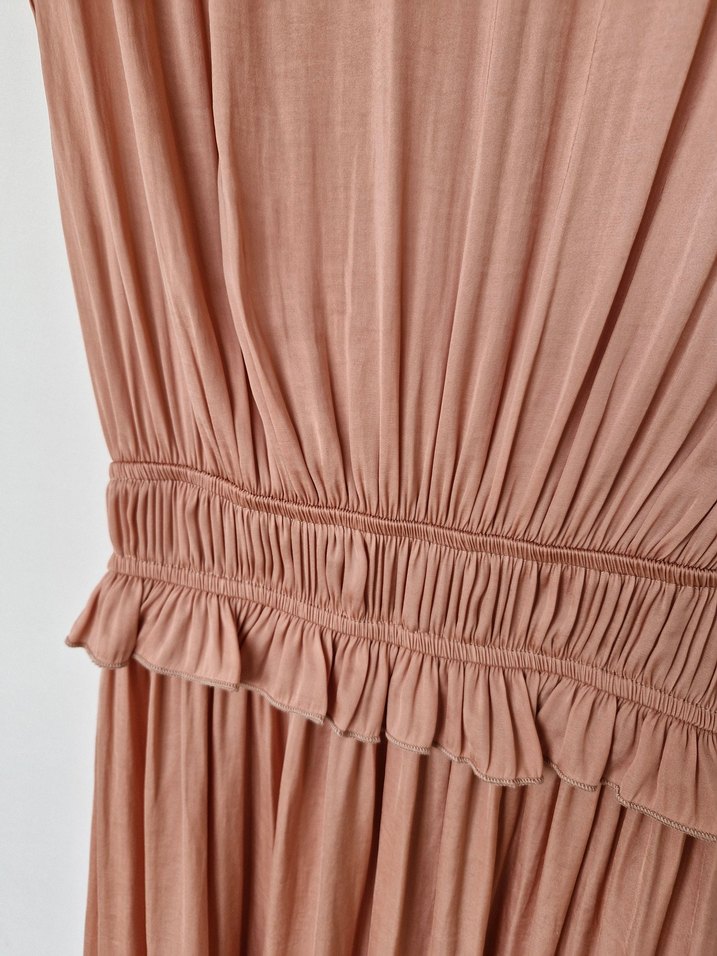 Pembe Drapeli Midi Saten Bohem Elbise - Görsel 5