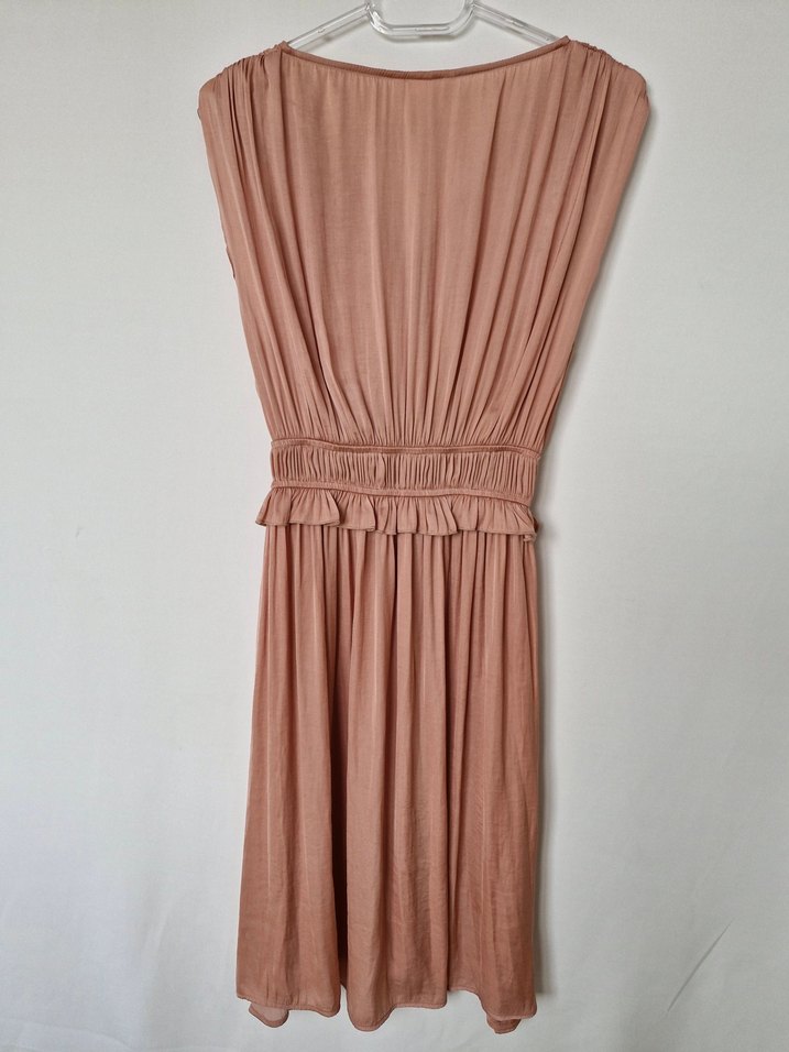 Pembe Drapeli Midi Saten Bohem Elbise - Görsel 2