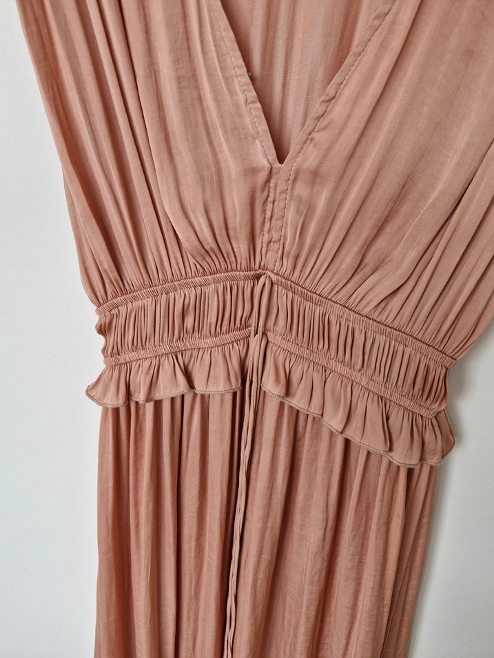 Pembe Drapeli Midi Saten Bohem Elbise - Görsel 4