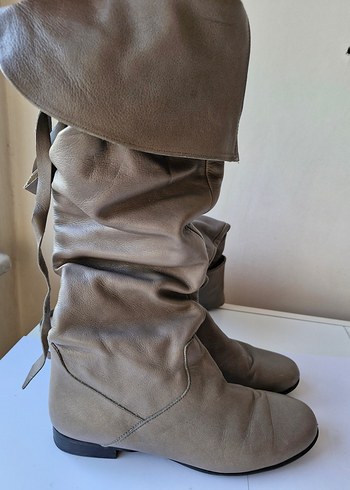 Gri Gerçek Deri Dizüstü Kadın Çizme - Görsel 9