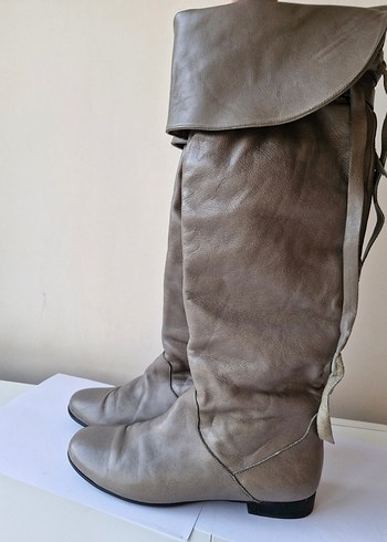 Gri Gerçek Deri Dizüstü Kadın Çizme - Görsel 4