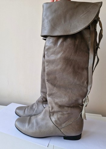 Gri Gerçek Deri Dizüstü Kadın Çizme - Görsel 3