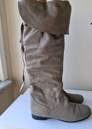 Gri Gerçek Deri Dizüstü Kadın Çizme - Görsel 6