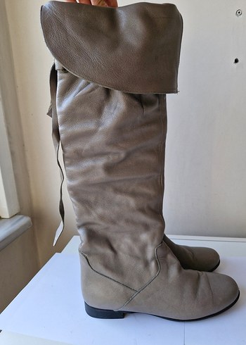Gri Gerçek Deri Dizüstü Kadın Çizme - Görsel 5