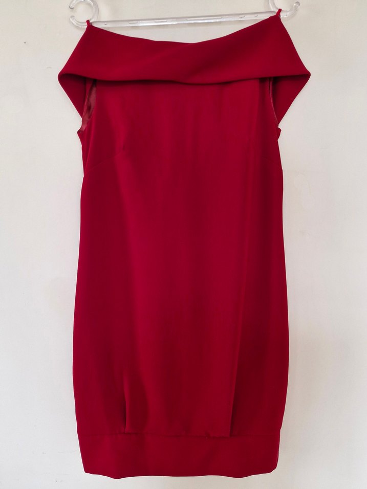 Fiyonklu Sırt Dekolteli Bordo Midi Abiye Elbise - Görsel 2