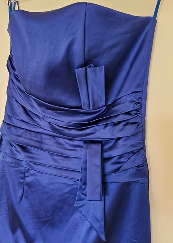 Drapeli Lacivert Straplez Midi Abiye Elbise - Görsel 3